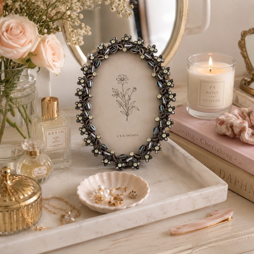 Vintage Oval Floral Picture Frame, Enamel & Crystal Metal Photo Frame, 3.5x5
